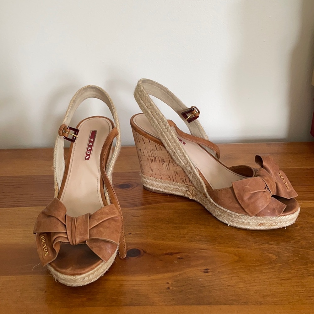 Prada Bow Wedge Sandals Size 39.5 9.5